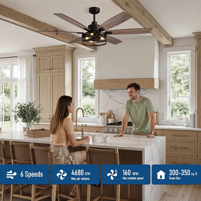 Farmhouse 60 Inch Ceiling Fan with Remote and App Control, Quiet 6-Speed Reversible DC Motor, Black Cage Design for Bedroom, Living Room, Covered Patio