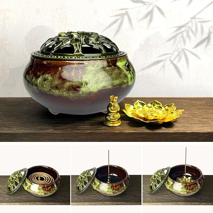Ceramic Incense Burner, Bowl Burner,Cone Incense Burner with Brass lid for use with Stick or Cone-Shaped Incense，Lotus Incense Stick Holder Calabash Incense Stick Holder, 3pc (Fambe Green)