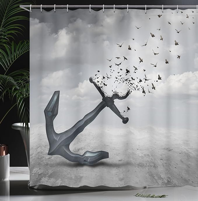 Ambesonne Birds Shower Curtain, Anchor Turns into Group of Flying Birds Seagulls for Liberty and Hope Mood Graphic Art, Cloth Fabric Bathroom Decor Set with Hooks, 69" W x 70" L, Silver Grey