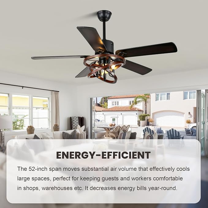 Dawn Whisper 52 Inch Farmhouse Ceiling Fans with Lights Modern Black Rustic Chandeleir Ceiling Fan for Living Room Bedroom Reversible DC Motor 6 Speeds