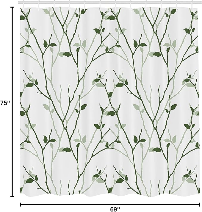 Ambesonne Leaf Shower Curtain, Branches in The Fall Trees Stem Twig Last Few Leafage Minimalistic Design Art, Cloth Fabric Bathroom Decor Set with Hooks, 69" W x 75" L, Reseda Green