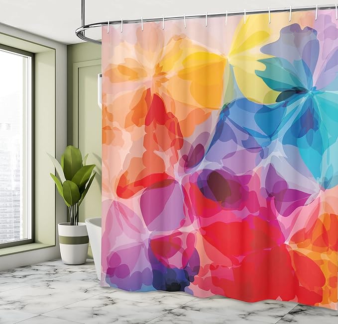 Ambesonne Floral Shower Curtain, Vibrant Colors Abstract Creative Watercolor Style Flower Pattern Design, Cloth Fabric Bathroom Decor Set with Hooks, 69" W x 70" L, Multicolor Vermilion Apricot