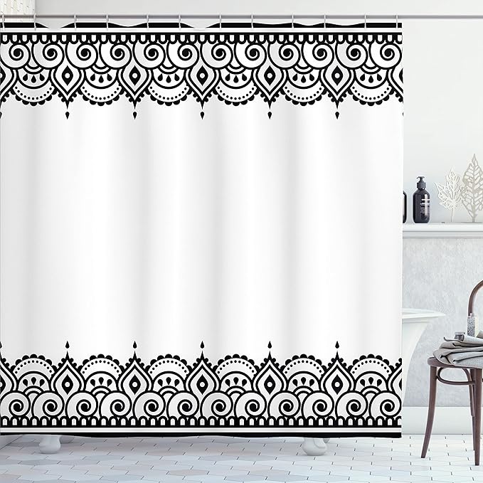 Ambesonne Orient Shower Curtain, Middle Eastern Ornamental Style Floral Damask Moroccan Pattern Illustration, Cloth Fabric Bathroom Decor Set with Hooks, 69" W x 84" L, Charcoal White
