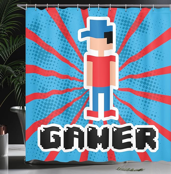 Ambesonne Video Games Shower Curtain, Red Striped Boom Beams Retro 90's Boy Cap Geometric Arrangement, Cloth Fabric Bathroom Decor Set with Hooks, 69" W x 84" L, Vermilion White