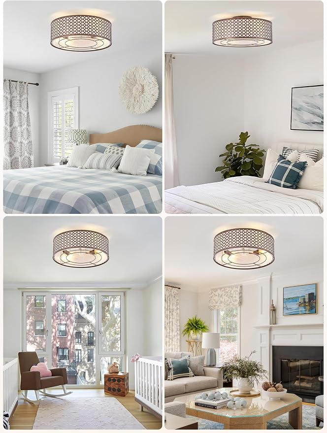 20" Brown Ceiling Fan with Light Flush Mount, Caged Farmhouse Ceiling Fans with Lights Remote Control, Round with 6 Speeds for Bedroom, Nursery, Living Room