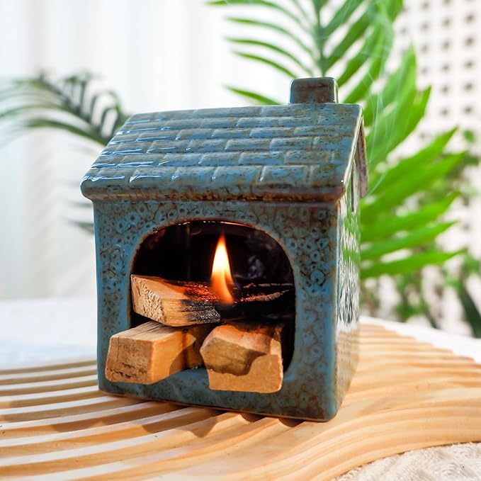 Mougigi Blue House Palo Santo Burner Holder - Ceramic Mini Chiminea with Stable Base for Burning Sage & Incense Cones-Ideal Small Smudge Bowl for Zen Altars, Meditation,Yoga Spaces, Home Decor & Gifts