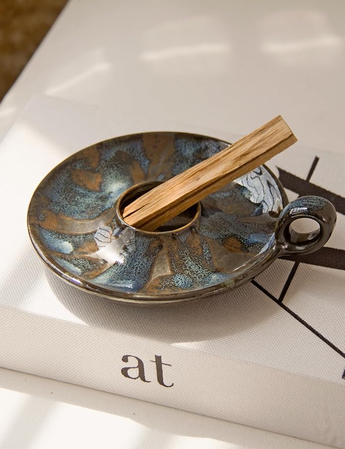 Klin-Transformation Glaze Blue Incense Holder，Handcrafted Ceramic with Unique Flowing Colors & Handle for Sage, Palo Santo, Good for Meditation & Yoga Gift
