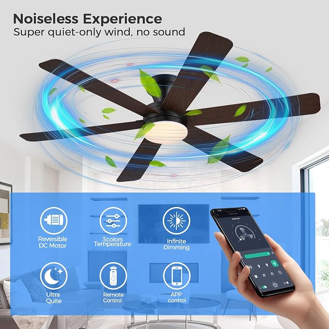 GJeg Ceiling Fans with Lights,46" Low Profile Ceiling Fan with Light and Remote Control,Flush Mount, Reversible, Dimmable, Noiseless, Brown Ceiling Fan for Bedroom