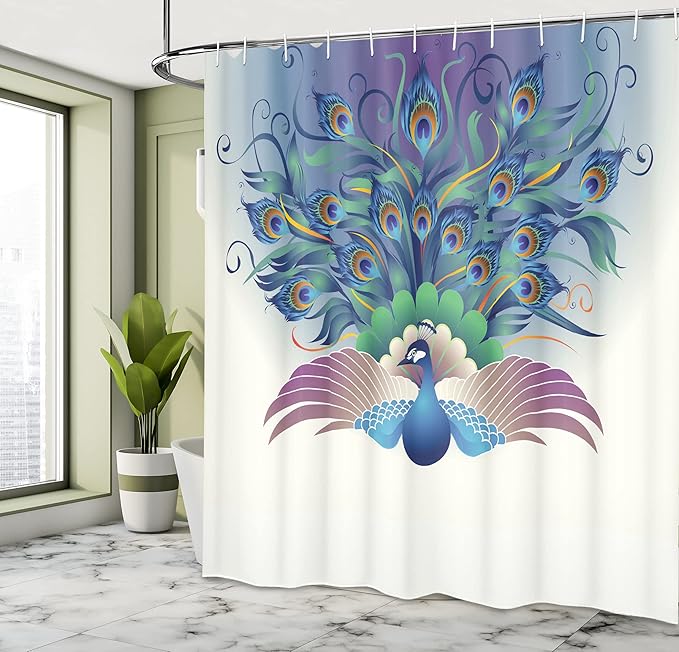 Ambesonne Peacock Shower Curtain, Ornate Peacock with Majestic Tail Feather Dangling Around Birds Wing Illustration, Cloth Fabric Bathroom Decor Set with Hooks, 69" W x 70" L, Ceil Blue
