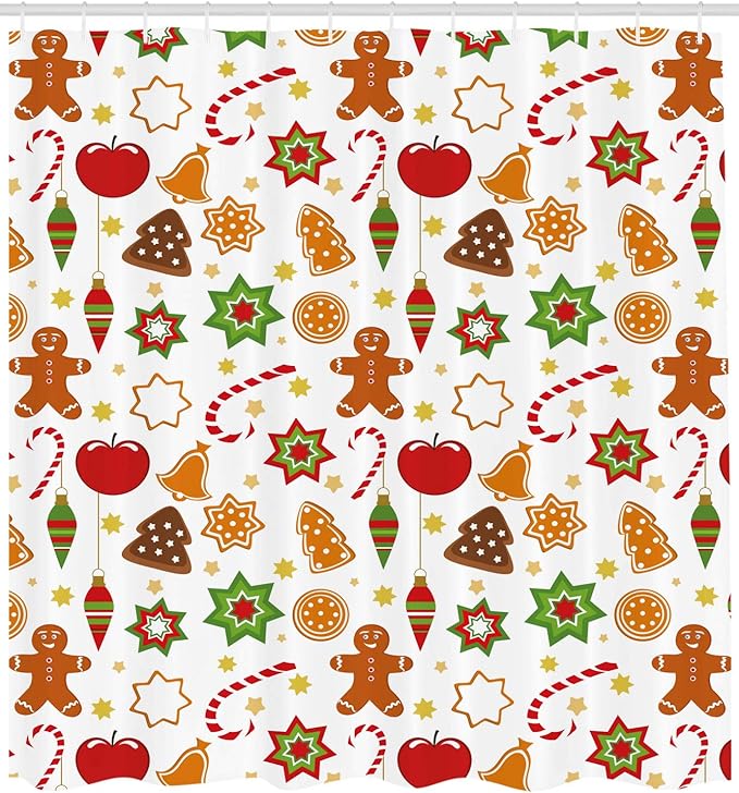 Ambesonne Gingerbread Man Shower Curtain, Christmas Graphic Pattern Star Cookies Apples Bells, Cloth Fabric Bathroom Decor Set with Hooks, 69" W x 75" L, Red Cinnamon