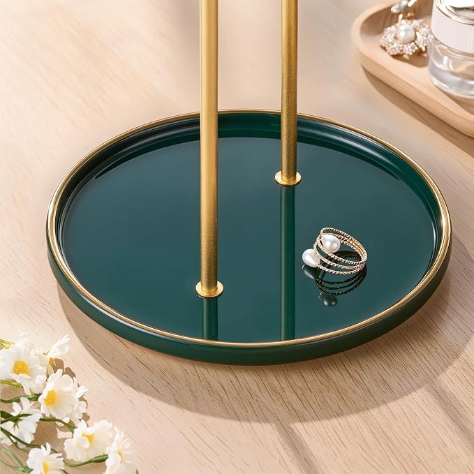 Jewelry Stand with Ceramic Tray, Necklace Holder, Gold Bar Green Base | Ceramic Base, Gift for Women & Girls, Hanging Necklace Organizer Tree, Earrings, Bracelets, Rings, small
