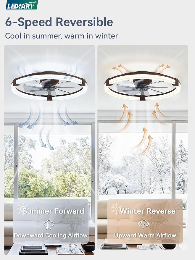 LEDIARY Ceiling Fans with Lights, 23 Inch Low Profile Ceiling Fan with Remote, 6 Speeds, Reversible, Dimmable Flush Mount Fan Light, Modern Fandelier Ceiling Fan with Lights for Bedroom, Brown