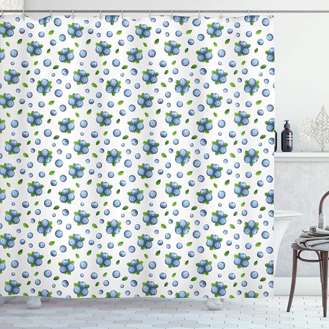 Ambesonne Fruit Shower Curtain, Fresh Blueberries Ripe Juicy Fruits Summer Organics Food Painting Art Style, Cloth Fabric Bathroom Decor Set with Hooks, 69" W x 70" L, Green White