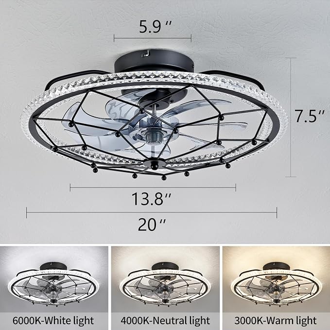 Dalouguan Matte Black Ceiling Fan with Light, Farmhouse Chemistry Molecular Model Caged Ceiling Fan with Remote, LED Low Profile Ceiling Light for Bedroom Kitchen Living Room