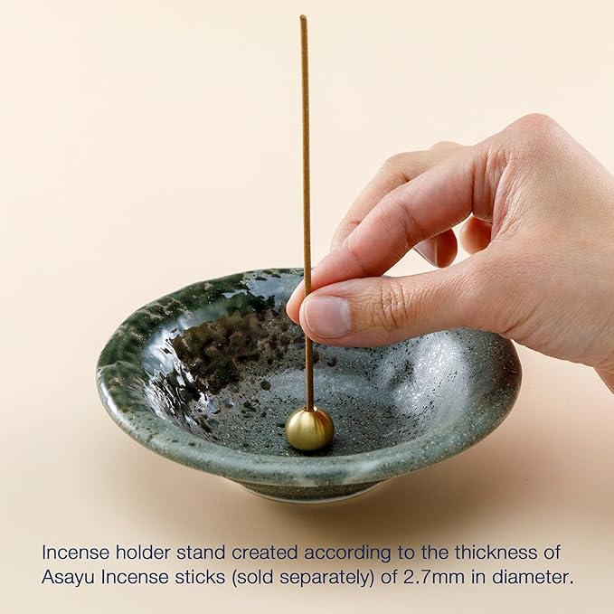 Asayu Japanese Small Incense Holder for Sticks 4.88 inch (124mm), Traditional Made in Japan Ceramic Ash Catcher and Brass Incense Burner Set - Grey