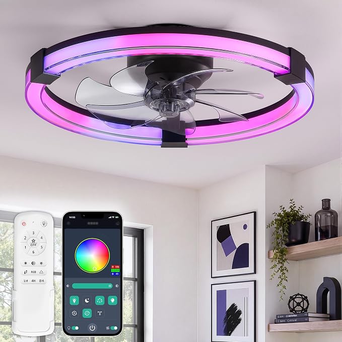 LEDIARY Ceiling Fan with Light,20inch Low Profile Fandelier with Remote RGB | Black RGB,6 Speeds, Reversible DC Motor, Dimmable Flush Mount Fan Light, Modern fans for Bedroom