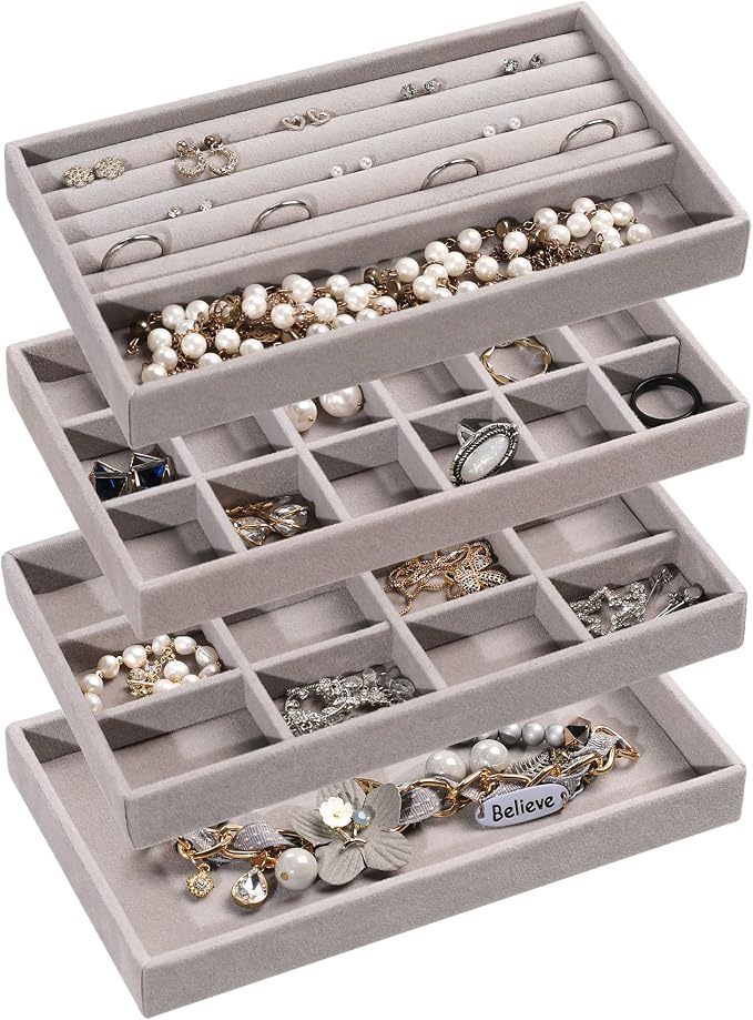 Frebeauty Jewelry Trays for Drawer,Set of 4 Jewelry Organizer and Storage | Velvet Material,Earring Holder Organizer,Stackable Jewelry Display for Vanity,Drawer Inserts for Rings,Studs,8.3×4.9 inch