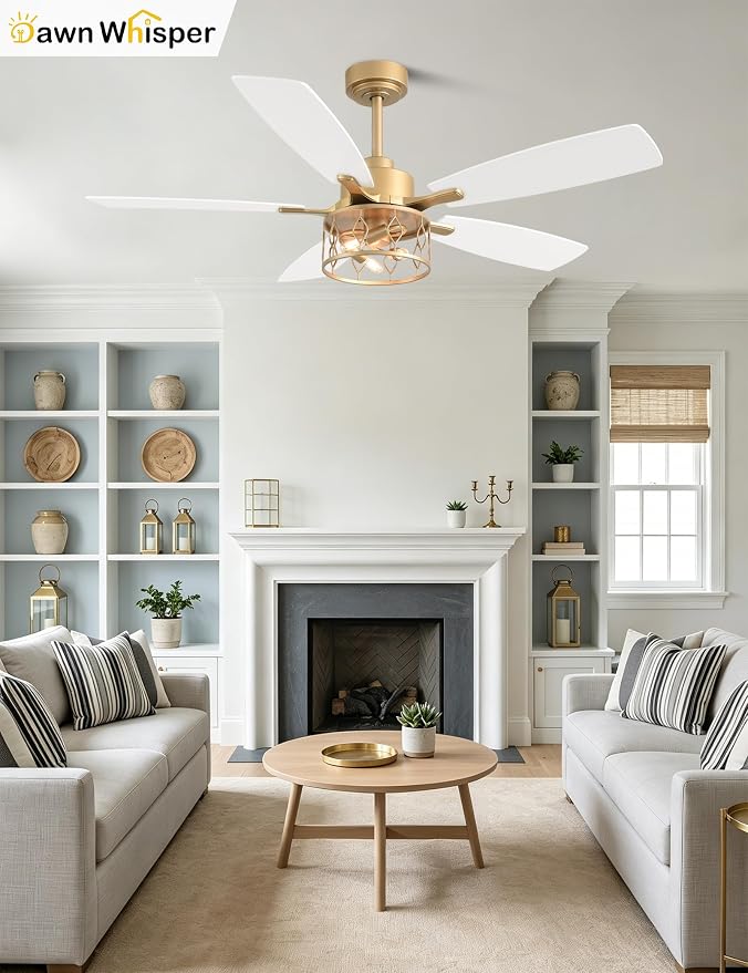 Dawn Whisper 52 Inch Modern Farmhouse Ceiling Fans with Lights White and Gold Rustic Caged Ceiling Fan for Bedroom Living Room Quiet and Reversible DC Motor
