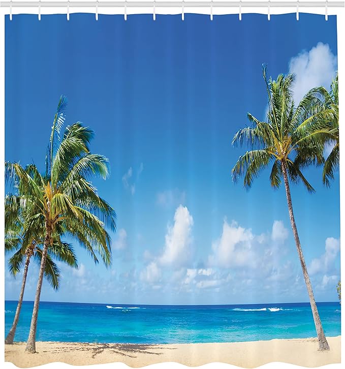 Ambesonne Hawaiian Shower Curtain, Windy Exotic Island with Tropical Trees Calm Beachy Theme Ocean Photography Print, Cloth Fabric Bathroom Decor Set with Hooks, 69" W x 84" L, Green Grey