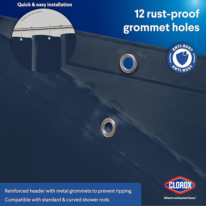 Clorox Shower Curtain Liner, Premium Colored Medium-Weight Durable Waterproof 6g PEVA for Bathroom with Weighted Magnets, Standard Size 72" x 72", Blue