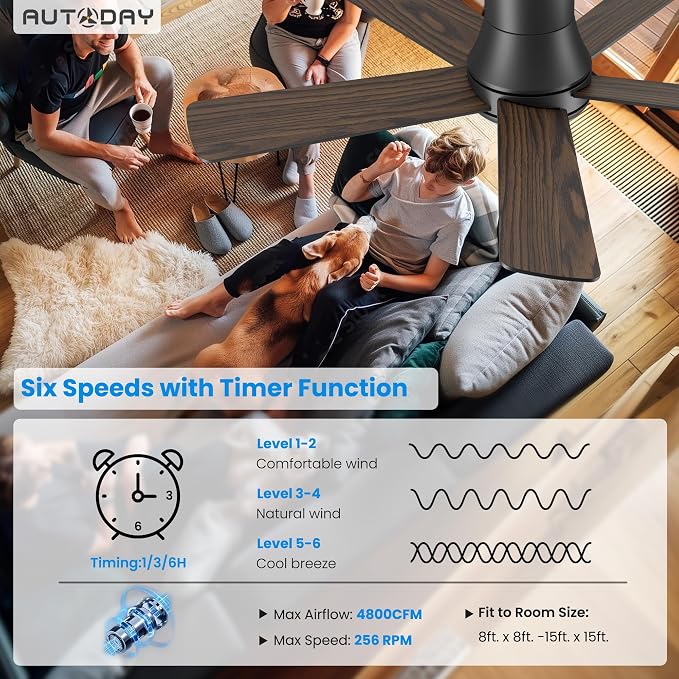 42 Inch Low Profile Ceiling Fan with Light, Black Ceiling Fans with Lights and Remote, Flush Mount, 6 Speeds Reversible Quiet DC, 3CCT Dimmable, Indoor Outdoor Ceiling Fans for Patios Bedroom