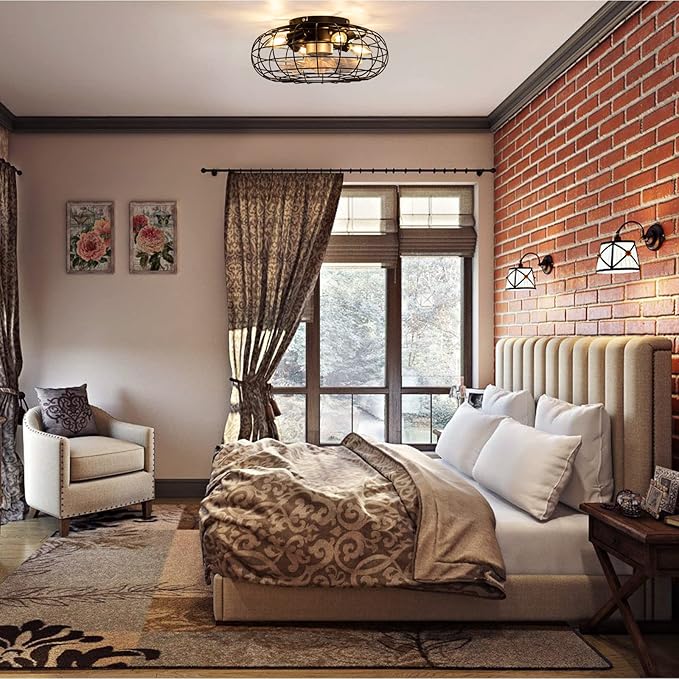 Ceiling Fan with Lights, 16 Inch Caged Ceiling Fan Lights Remote Control Small Industrial Ceiling Fan Light Fixture Flush Mount Farmhouse Light 8 Speeds Bladeless Lights for Bedroom Kitchen