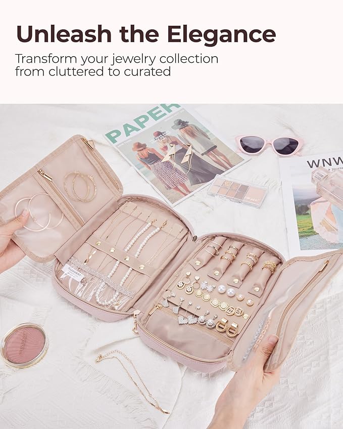 BAGSMART Jewelry Organizer Case Large Travel Jewelry Storage Bag for Necklace, Earrings, Rings, Bracelet, Soft Pink (Pack of 2)