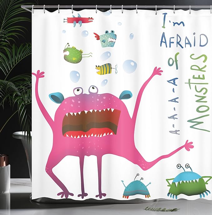 Ambesonne Funny Shower Curtain, Underwater Beast Creature Fun Monster Fish Im Afraid of Monsters Words, Cloth Fabric Bathroom Decor Set with Hooks, 69" W x 75" L, Green Pink