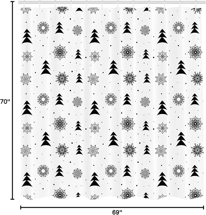 Ambesonne Nordic Shower Curtain, Christmas Pine Trees Snowflakes Noel Winter North Holiday Celebration Graphic Art, Cloth Fabric Bathroom Decor Set with Hooks, 69" W x 70" L, Black White