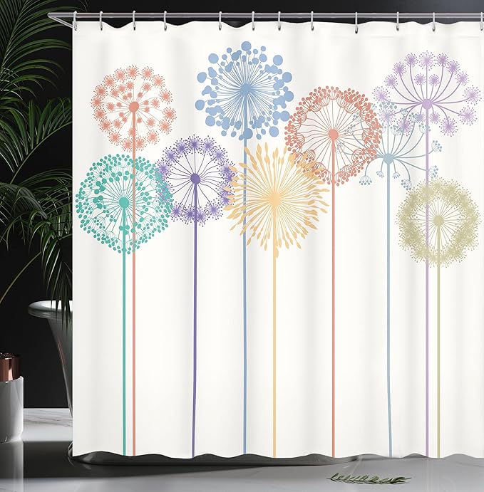 Ambesonne Floral Shower Curtain, Flower Inspired Artwork Colorful Dandelions on White Background Illustration Print, Cloth Fabric Bathroom Decor Set with Hooks, 69" W x 70" L, Dark Seafoam