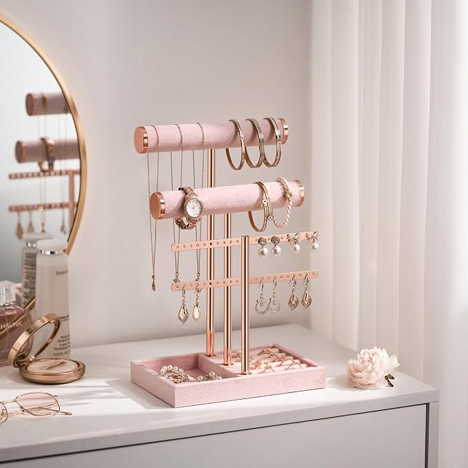 Jewelry Organizer Stand for Necklaces, Bracelets, Earrings, Rings, Pink | 3 Tier Velvet Bracelet Holder Display | Jewelry Organizers and Storage | Jewelry Tree | Jewelry Towers