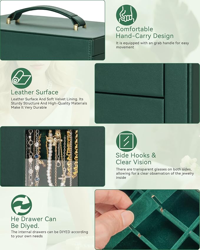 AKOZLIN 6-Tier Jewelry Box Organizer Functional 5 Drawers Leather Jewelry Storage Case for Women Girls Ring Necklace Earring Bracelet Holder Organizer with Mirror XL Green 360° Rotating