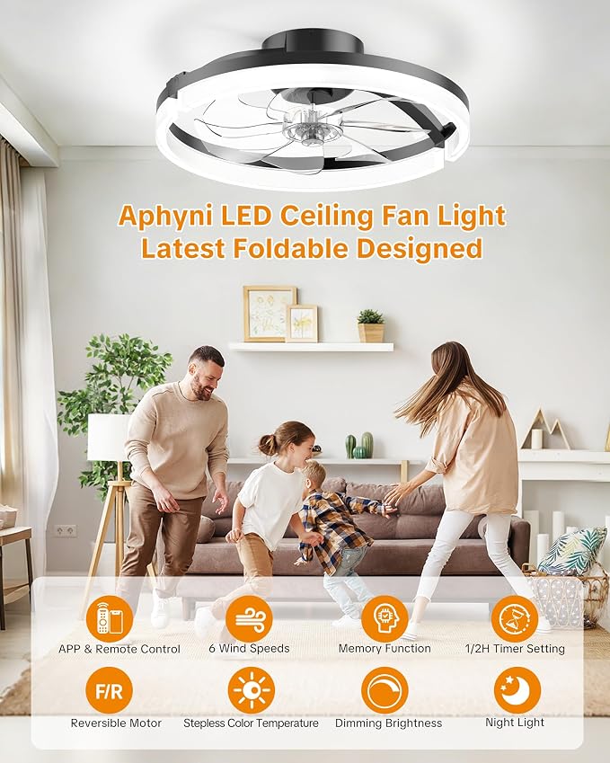 Ceiling Fans with Lights and Remote, Low Profile Ceiling Fan, Morden Flush Mount LED Fan Light, 3000K-6500K Dimmable for Bedroom, Kitchen, Living Room, Frosted, Black
