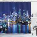 Ambesonne Cityscape Shower Curtain, Skyscrapers Downtown Pittsburgh American Night Skyline Business Town Scenery, Cloth Fabric Bathroom Decor Set with Hooks, 69" W x 70" L, Grey Blue