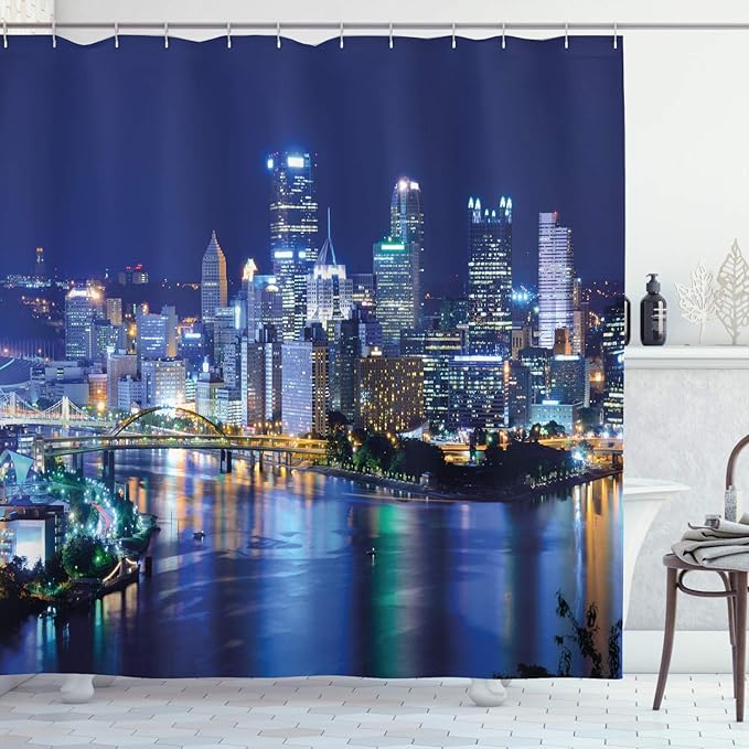 Ambesonne Cityscape Shower Curtain, Skyscrapers Downtown Pittsburgh American Night Skyline Business Town Scenery, Cloth Fabric Bathroom Decor Set with Hooks, 69" W x 70" L, Grey Blue