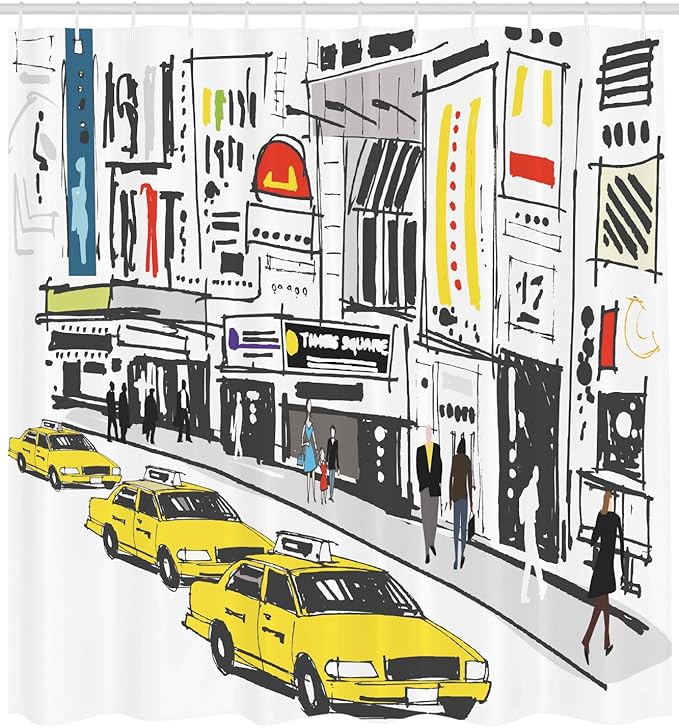 Ambesonne Modern Shower Curtain, Times Square New York with People in Street Taxi Cabs Traffic Fashion Illustration, Cloth Fabric Bathroom Decor Set with Hooks, 69" W x 84" L, Charcoal Yellow