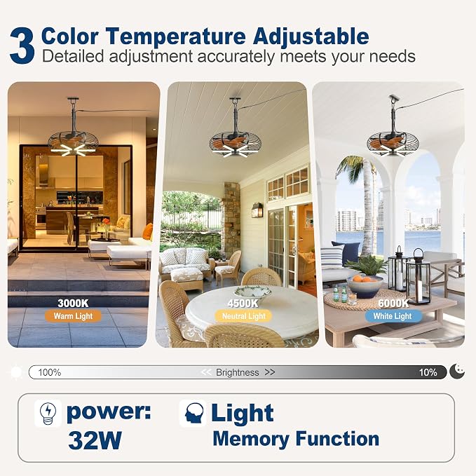 Coolbull Outdoor Ceiling Fans with Lights, 20'' Hanging Fan, Plug and Play | Wet Rated, Remote & APP Control Outdoor Fan with Hook for Gazebos, Patios, Porches, Wood Color