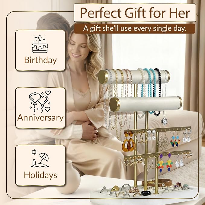 Jewelry Tower Stand Organizer for Women - Soft Touch Velvet Elegant Jewelry Holder Display with Necklace Holder, Earring Organizer & Bracelet Rack - Tabletop Stand for Dresser, Vanity, Desk - White