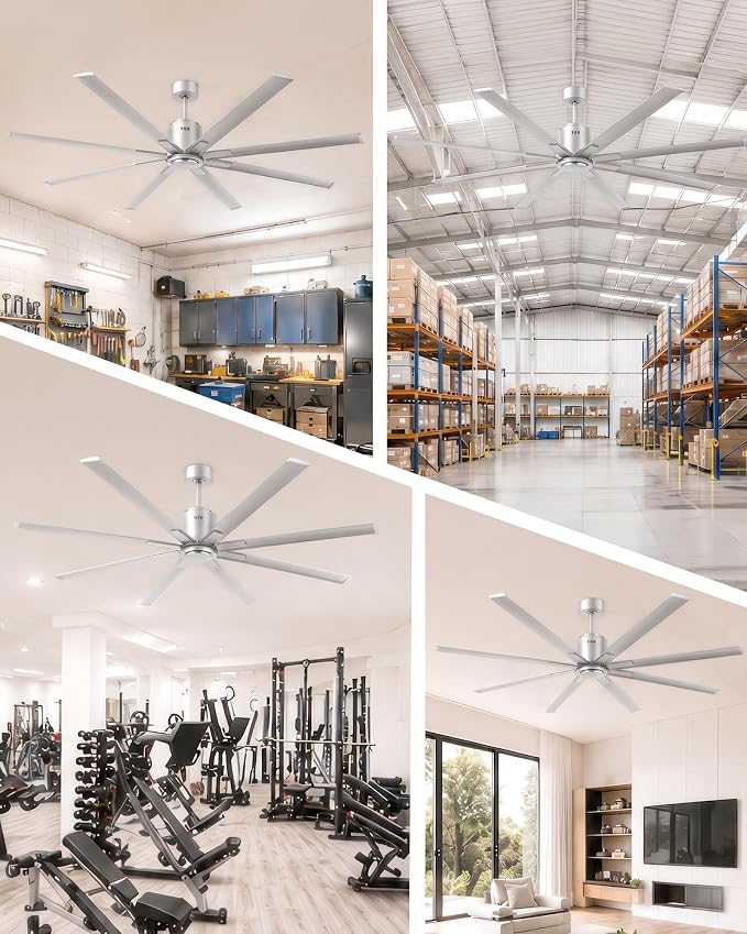 96 Inch 8 ft HVLS Industrial Ceiling Fan no Lights, Big Air High CFM Giant Large Metal Commercial Ceiling Fan, BLDC Motor 8 Blades Heavy Duty Silver Outdoor Fan for Garage Shop Barn Brushed Nickel
