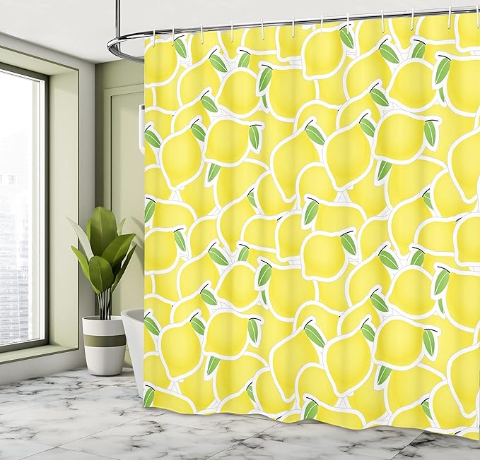Ambesonne Yellow Shower Curtain, Bunch of Lemons Summer Citrus and Forms Nature Artprint Illustration in Paper Cutout Style, Cloth Fabric Bathroom Decor Set with Hooks, 69" W x 84" L, Green and Yellow