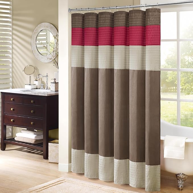 Madison Park Amherst Bathroom Shower Curtain Faux Silk Pieced Striped Modern Microfiber Bath Curtains, 72x72 Inches, Red