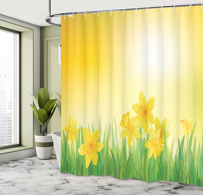 Ambesonne Daffodils Shower Curtain, Daffodil Flowers on a Spring Meadow Countryside Sunny Nature Illustration, Cloth Fabric Bathroom Decor Set with Hooks, 69" W x 70" L, Yellow and Green