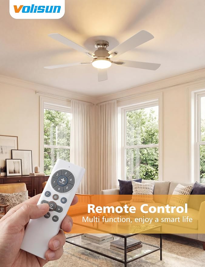 VOLISUN 52 Inch Ceiling Fan with Lights Flush Mount, Low Profile Ceiling Fans with Lights, Remote&APP Control,Dimmable 22W LED Light,Queit&Reversible Fan, Ceilings Fans for Bedroom, Living Room,Nickel