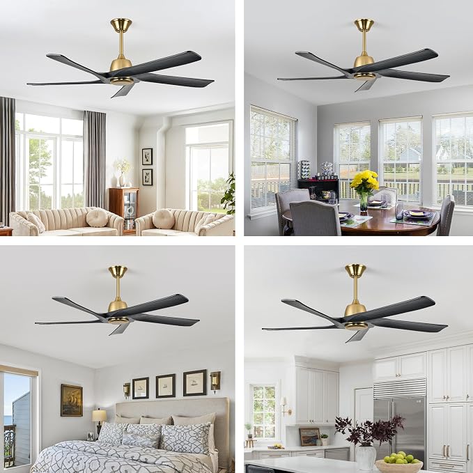 60" Black and Gold Ceiling Fan No Lights, Remote and APP Control, 6-speed Reversible, Quiet DC Motor, Wood Ceiling Fans for Bedroom, Living Room, Office, Outdoor Patio