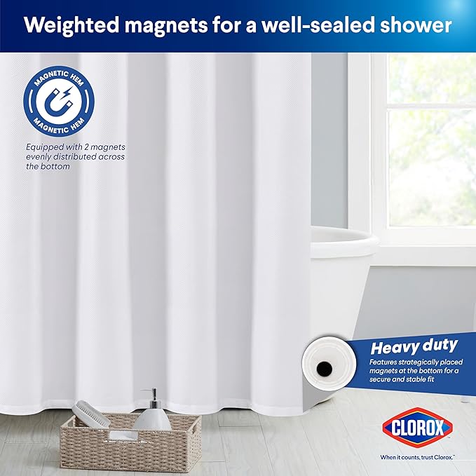 Clorox 2-in-1 Bathroom Shower Curtain Liner w Metal Hooks, Durable Fabric, Weighted Magnets for Bath Water Control, Washable Premium Quality, Modern - 72" x 72" White