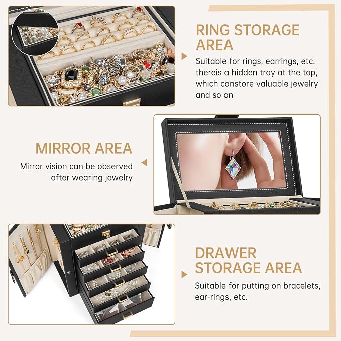 AKOZLIN 6-Tier Jewelry Box Organizer Functional 5 Drawers Leather Jewelry Storage Case for Women Girls Ring Necklace Earring Bracelet Holder Organizer with Mirror Medium Black
