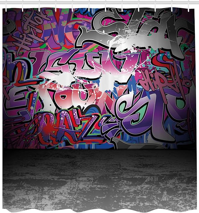 Ambesonne Graffiti Shower Curtain, Urban Life Grunge Street Art Wall Backdrop with Hip Hop Funk Design, Cloth Fabric Bathroom Decor Set with Hooks, 69" W x 70" L, Grey Purple