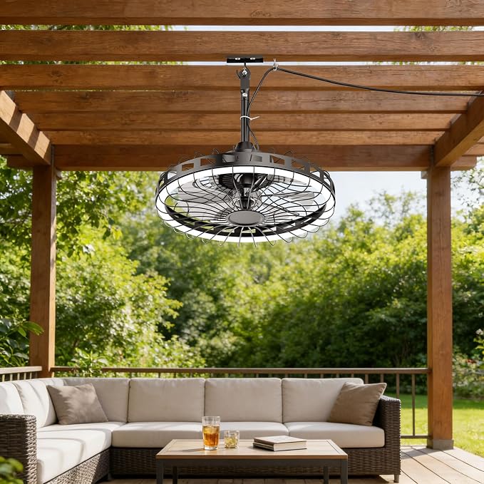 20" IP65 Waterproof Outdoor Ceiling Fan with Light, Plug-in Caged Design, 3CCT Dimmable & 6-Speed Adjustment for Patio Porch Pergola