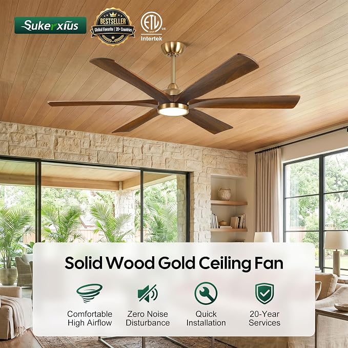 60 Inch Smart Outdoor Ceiling Fan with Lights, Gold Brass Walnut Finish, 6 Solid Wood Blades, Remote/Alexa/App Control, High CFM Quiet DC Motor, Modern Farmhouse Style for Indoor Large Room