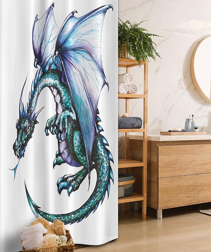 Ambesonne Dragon Stall Shower Curtain, Epic Beast Created Vibrant Gradient Colored Graphic Devil Image, Fabric Bathroom Decor Set with Hooks, 36" W x 72" L, Purple Teal